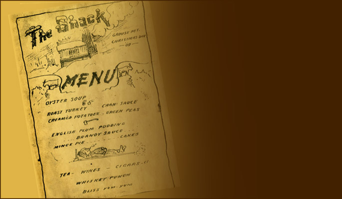 Hand-drawn menu with cabin sketch. NVMA item 744.