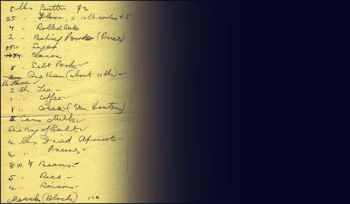Liste d’approvisionnement de nourriture &eacute;crite &agrave; la main. &Agrave; titre gracieux de Lid Hawkins.