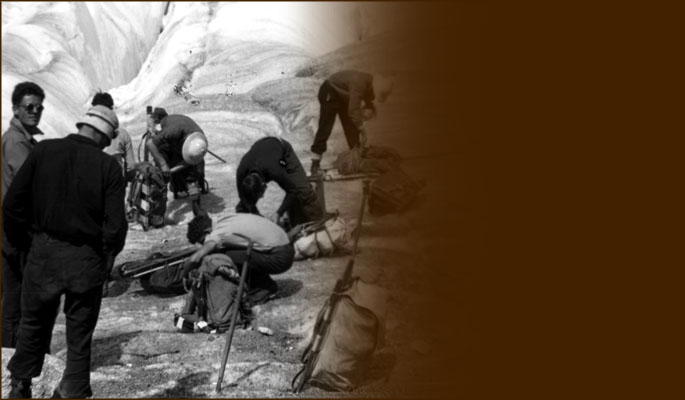 Climbers and supplies at glacier’s foot. Photo BCMC Archives 37-46.