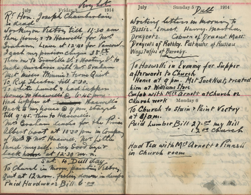 Original Diary Entries from July 3rd to 6th, 1914