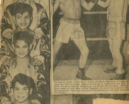 Newspaper clipping of four Nahanee brothers in boxers’ robes. A second clipping shows two young boxers in the ring.