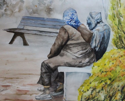 Detail of a watercolour painting showing an elderly woman sitting next to a statue of Walter Draycott.