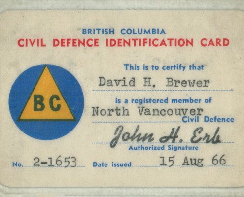 Dave Brewer’s identification card for the British Columbia Civil Defence.