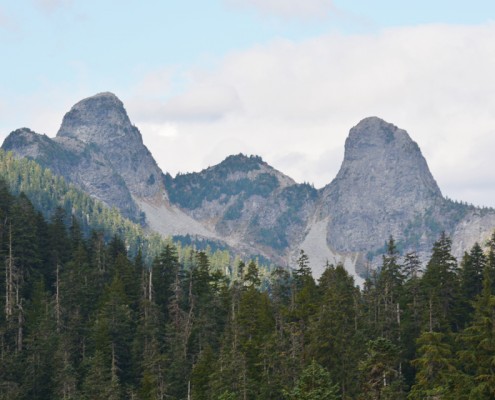 Landscape shot of two pointed mountain peaks.