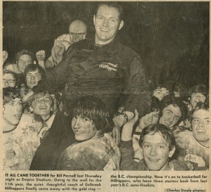 Newspaper clipping with an image of Bill and his team celebrating a football game win.