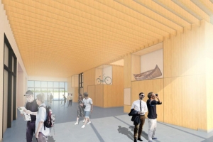 Artist rendering of people walking in the North Vancouver museum gallery.