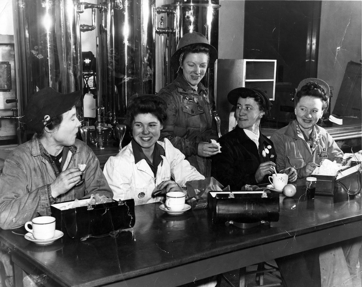 Five women shop stewards in Burrard Dry Dock canteen. Nancy Baker, second from right. 1942. NVMA 8073