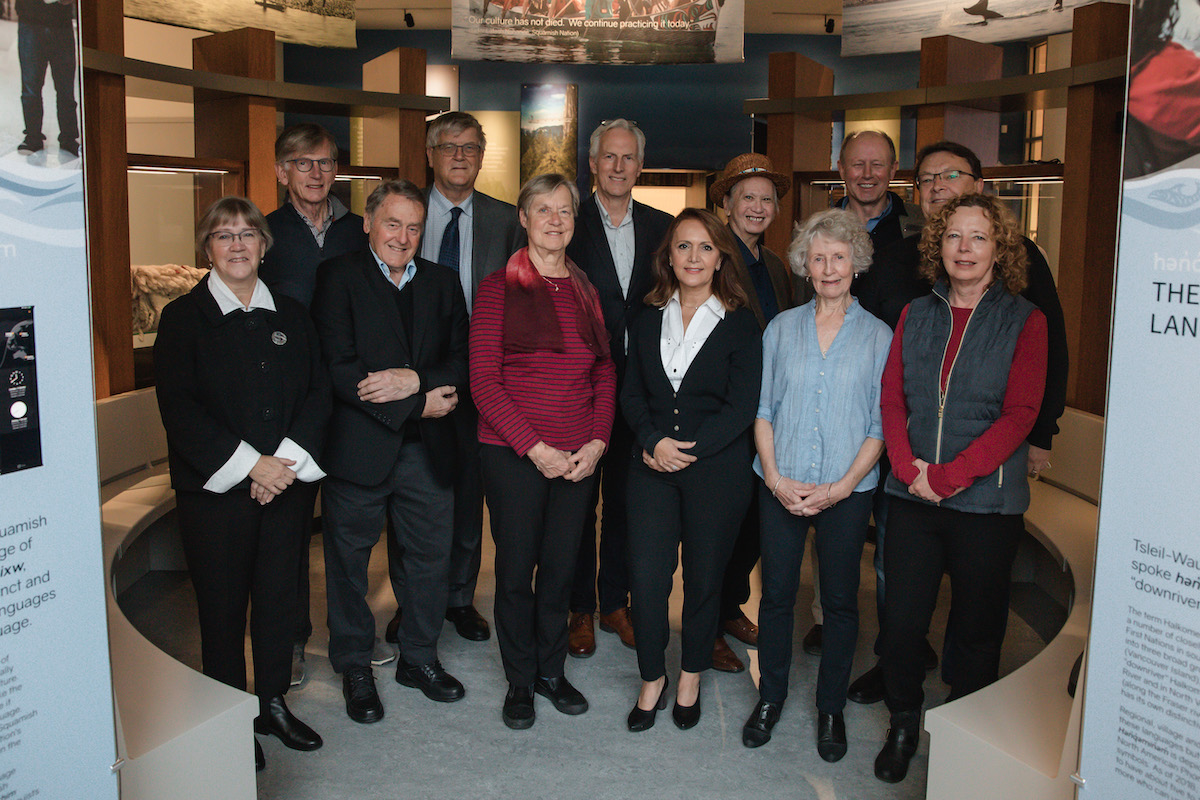 Friends Society Directors gather together at the new Museum of North Vancouver. Back row, from left: Terry Hood, John Lakes, John Gilmour, Latash Maurice Nahanee, Museum Director Wesley A. Wenhardt, Ken Izatt. Front row, from left: Nancy Kirkpatrick, Robert McCormack, Donna McGeachie, Mina Mashhour, Donna Oseen and Terry McAlduff. Photo: Alison Boulier 