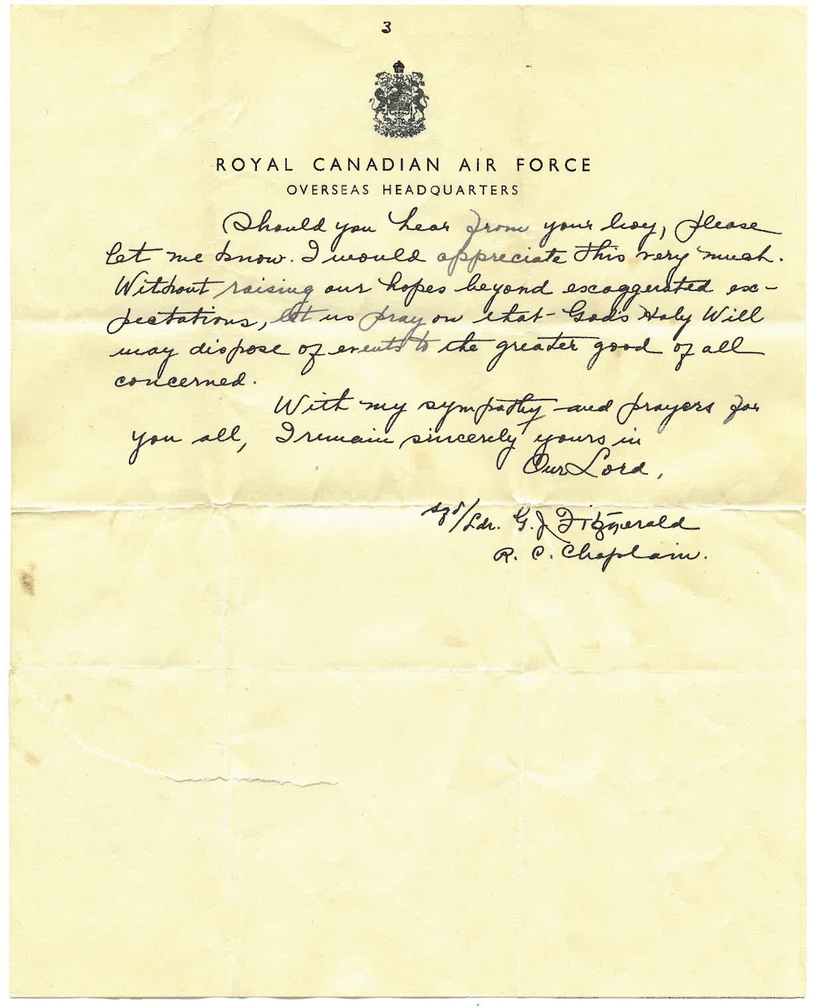 Letter to Mr. and Mrs. Beattie from F.G. Fitzgerald, R.C. Chaplain. Photo: NVMA Fonds 41, file 3, Letter June 17, 1944.