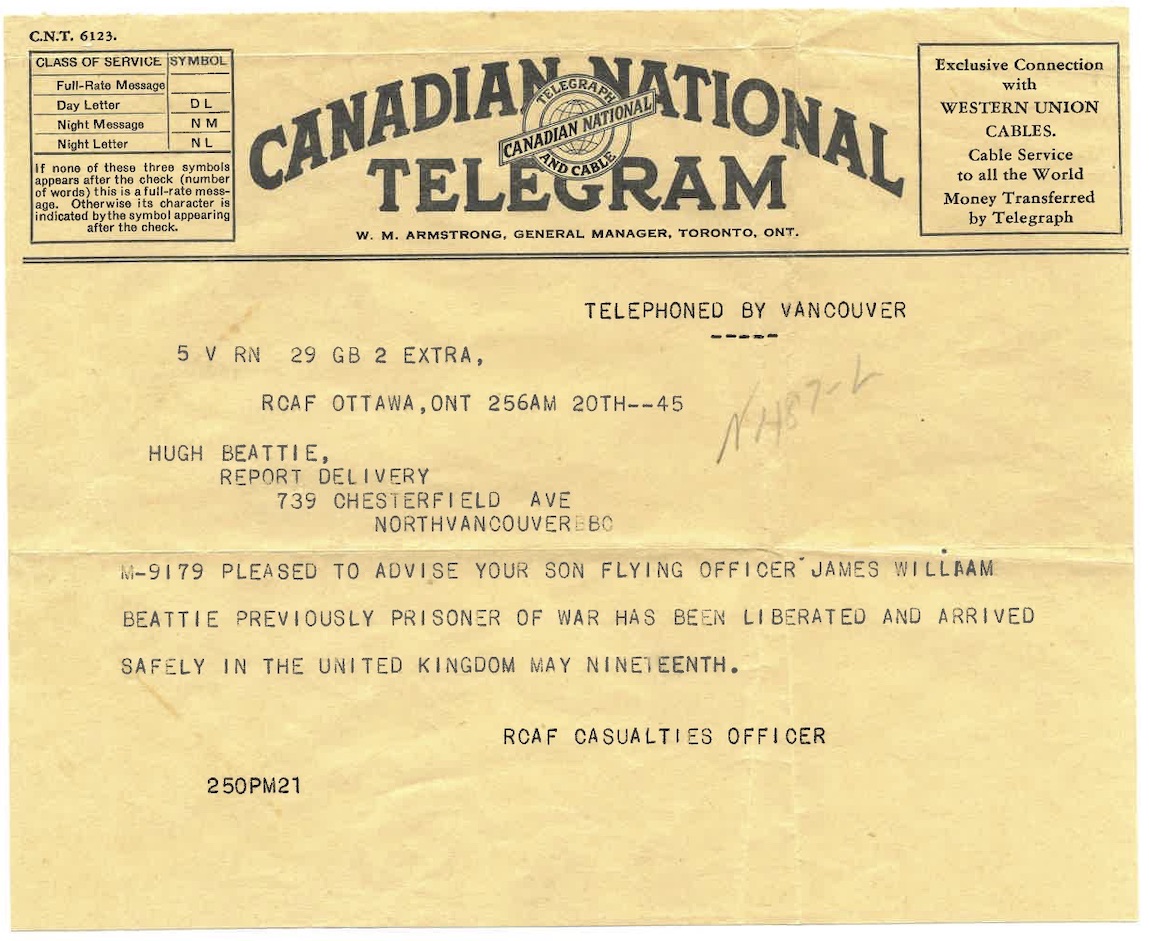 Telegram to Hugh and Rose Beattie, communicating Jim has been liberated. Photo: NVMA Fonds 41, file 3, Telegram. May 20, 1945.