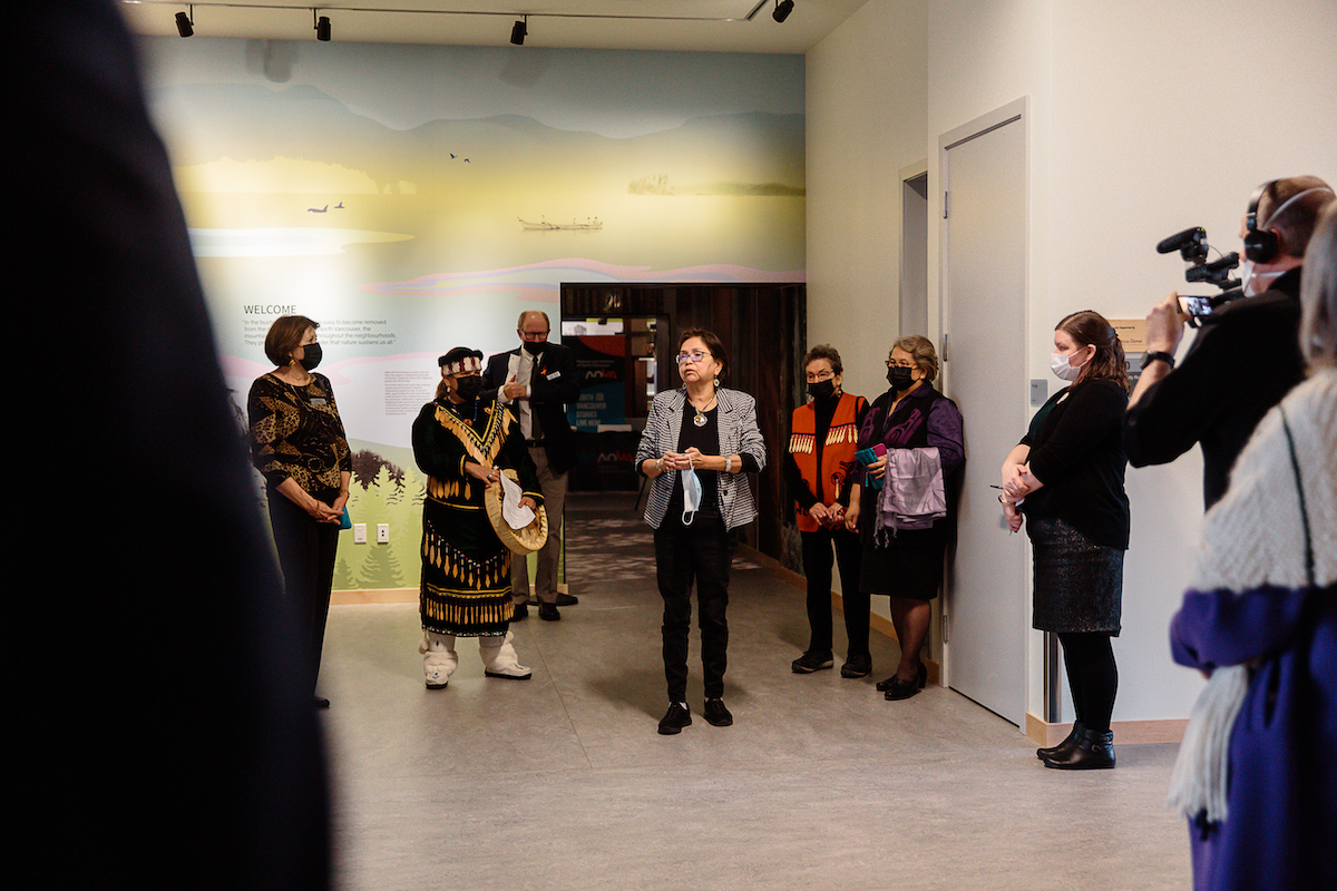 Indigenous Cultural Programmer Tsawaysia Spukwus (Alice Guss) providing a welcome to the new Museum of North Vancouver. Photo: Alison Boulier 