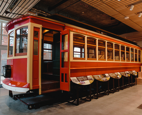 Streetcar 153 in its new home in the lobby of the new Museum of North Vancouver. Photo: Alison Boulier