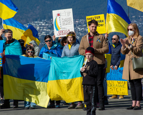 Vancouver Stands with Ukraine Anti-War Rally at Jack Poole Plaza, March 6, 2022. Photo: UkrainianVancouver.com