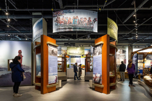 Created in partnership with the Squamish and Tsleil-Waututh Nations, the Coast Salish Welcome Circle anchors the news core gallery at the Museum of North Vancouver. Photo: Brett Hitchins / Brett Ryan Studios for Urban Arts Architecture