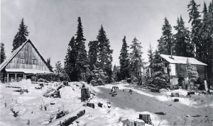 Harold Enqvist Sr's Mt. Seymour Ski Camp, showing the "Old Lodge" (left) and Harold's personal cabin (right), circa 1940. Photo: HE Photo-01
