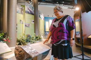 Carleen Thomas exploring the core exhibit gallery at the Museum of North Vancouver. Photo: Alison Boulier