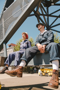 Shipyard Pals Taylor Williams and Tanner Zerr on the historic crane in Shipbuilders' Square. Photo: Alison Boulier