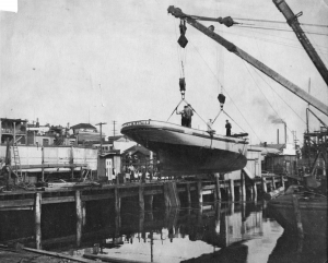 The hull of the "Charles H. Cates" being lowered into the water, 1923. Photo: NVMA 787