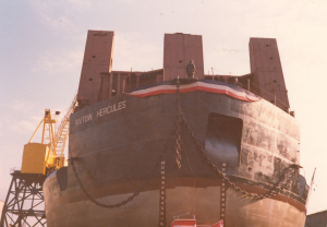 Log barge "Rivtow Hercules" at time of launch at Burrard Yarrows, 1981. Photo: NVMA 9535
