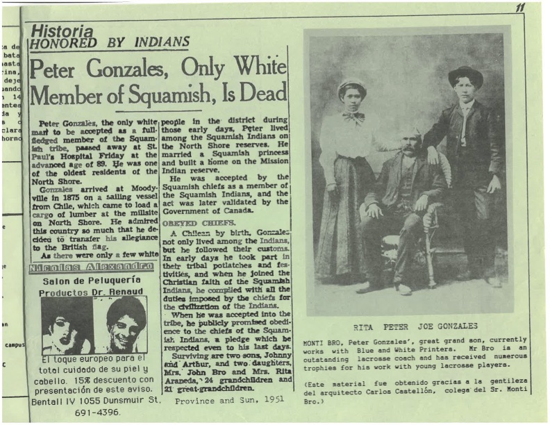 Article about Peter Gonzales. Image of Gonzales seated, with daughter Rita and son Joe (on right). From Vancouver-based Spanish-language bulletin Otros Nosotros Nos, December 1984 issue. NVMA 652.