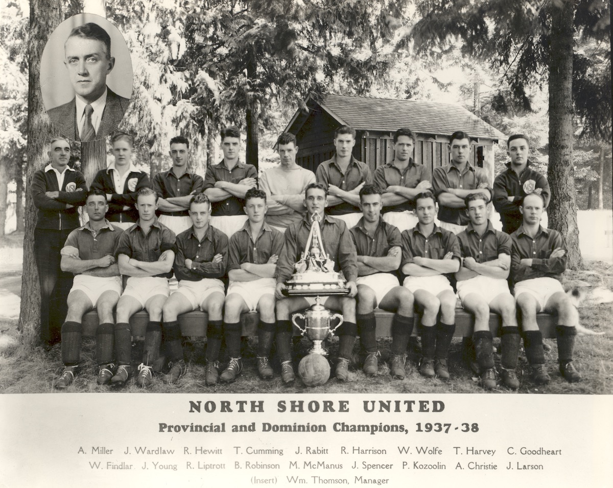 North Shore United soccer team (all identified), Provincial and Dominion Champions 1937-1938. William Thompson, manager. NVMA 8026