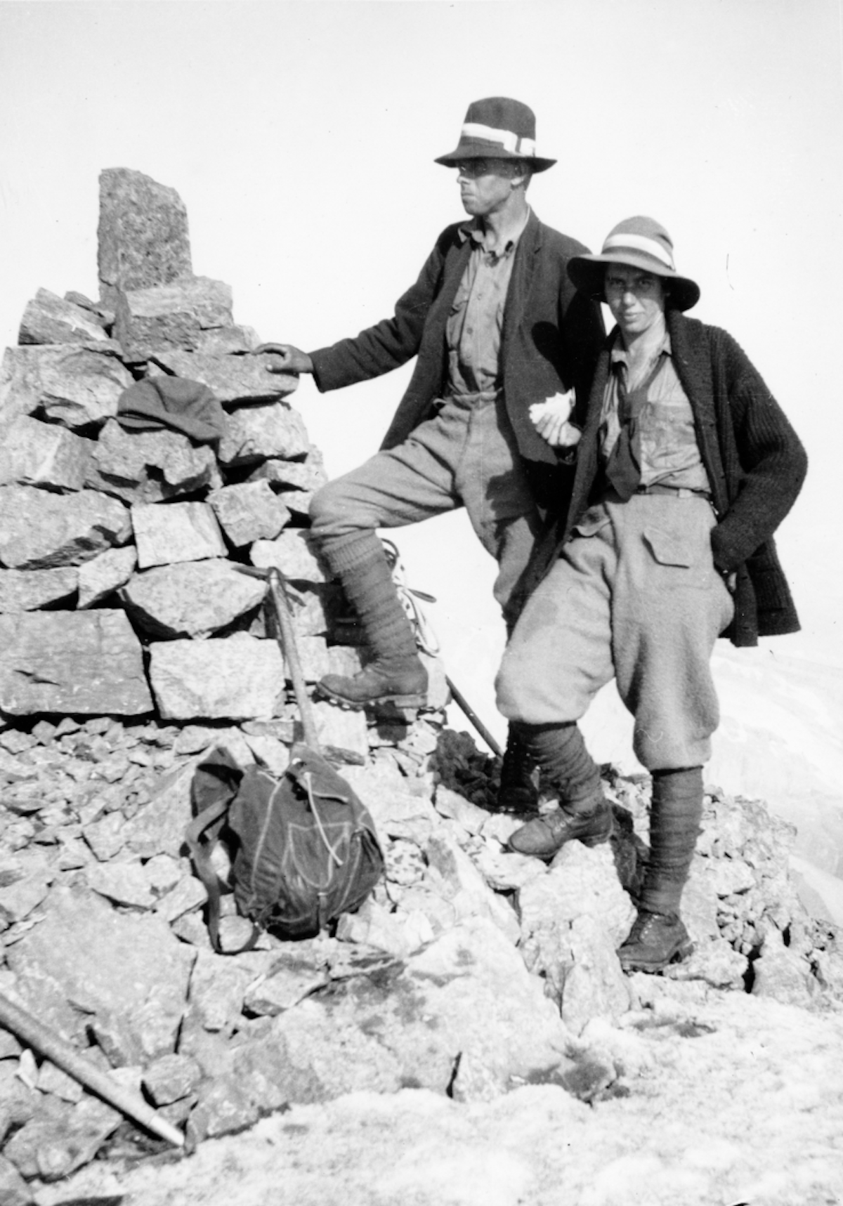 Phyllis and Don Munday on summit of Mount Victoria, Canadian Rockies, from Alpine Club camp, 1925. NVMA 5650