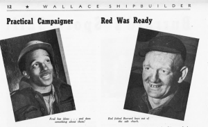 Photo of Fred Wilmot (shown left) from the pages of Wallace Shipbuilder, February 1945. Cecil Bull, South Yard Rigger, shown on right.